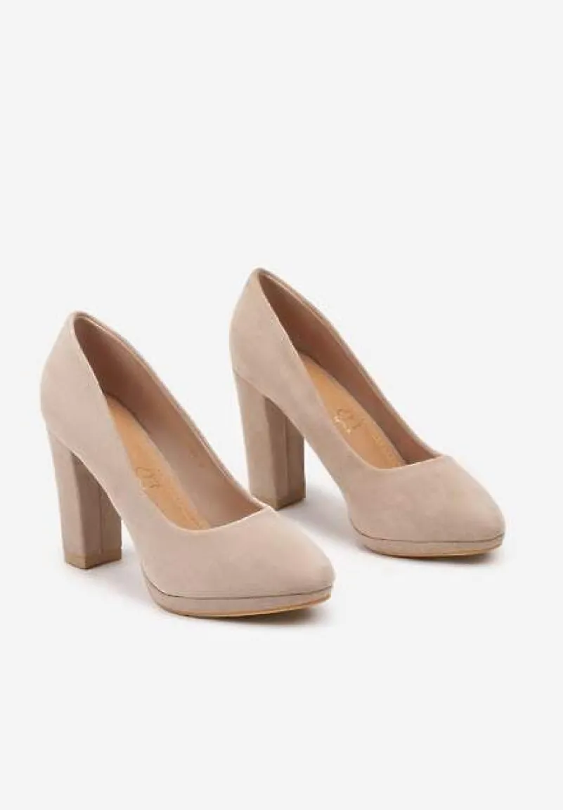 Ciemnobeżowe Czółenka Vices na Słupku ze Skórzaną Wkładką Linariah