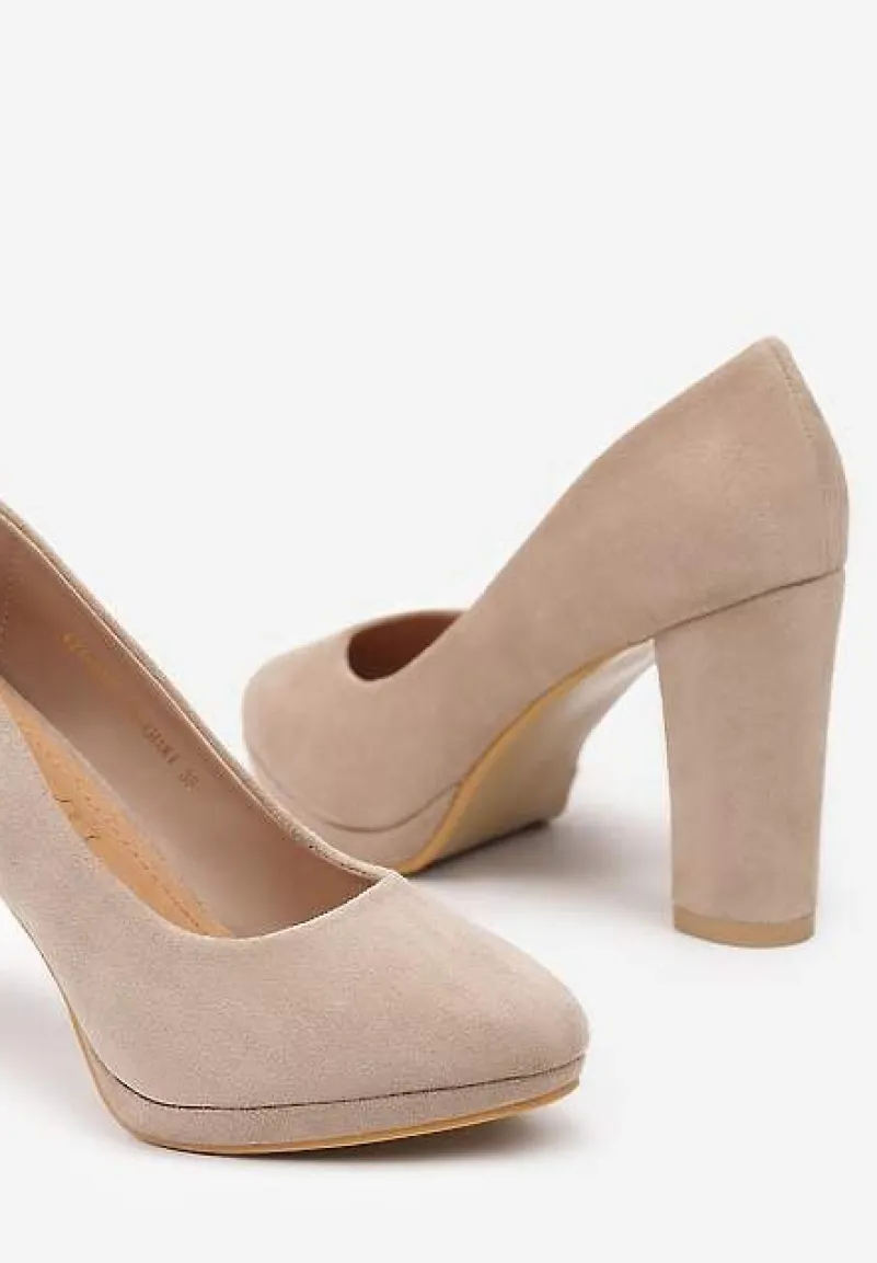 Ciemnobeżowe Czółenka Vices na Słupku ze Skórzaną Wkładką Linariah