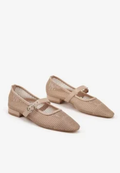 Ciemnobeżowe Czółenka w Stylu Balerinek na Niskim Słupku z Siateczki Zapinane na Pasek ze Sprzączką Elasiela