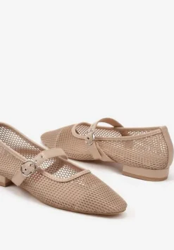 Ciemnobeżowe Czółenka w Stylu Balerinek na Niskim Słupku z Siateczki Zapinane na Pasek ze Sprzączką Elasiela