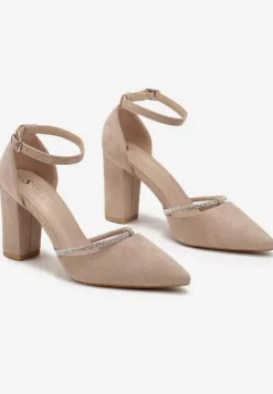 Ciemnobeżowe Czółenka ze Sprzączką wokół Kostki na Słupku z Ekozamszu Nelirase