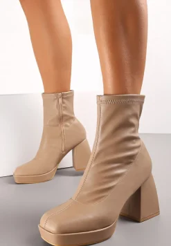 Ciemnobeżowe Dopasowane Botki na Geometrycznym Obcasie i Platformie Agriopa