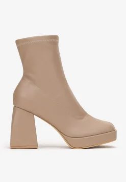 Ciemnobeżowe Dopasowane Botki na Geometrycznym Obcasie i Platformie Agriopa