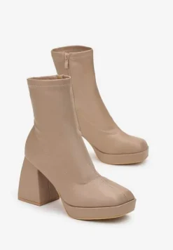 Ciemnobeżowe Dopasowane Botki na Geometrycznym Obcasie i Platformie Agriopa