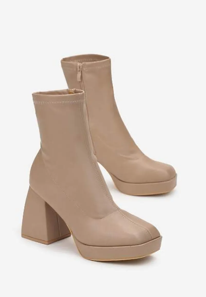 Ciemnobeżowe Dopasowane Botki na Geometrycznym Obcasie i Platformie Agriopa