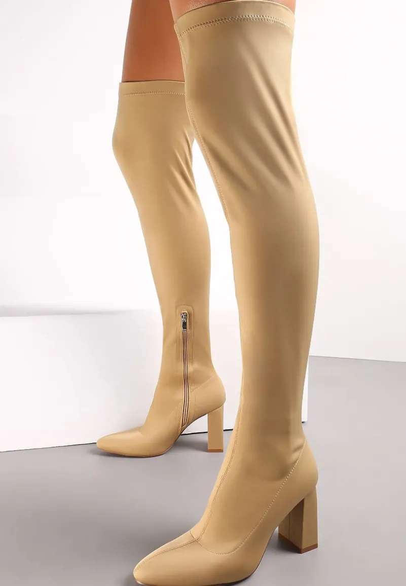 Ciemnobeżowe Dopasowane Kozaki za Kolano na Słupku Grapio