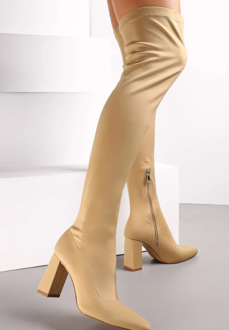 Ciemnobeżowe Dopasowane Kozaki za Kolano na Słupku Grapio