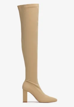 Ciemnobeżowe Dopasowane Kozaki za Kolano na Słupku Grapio