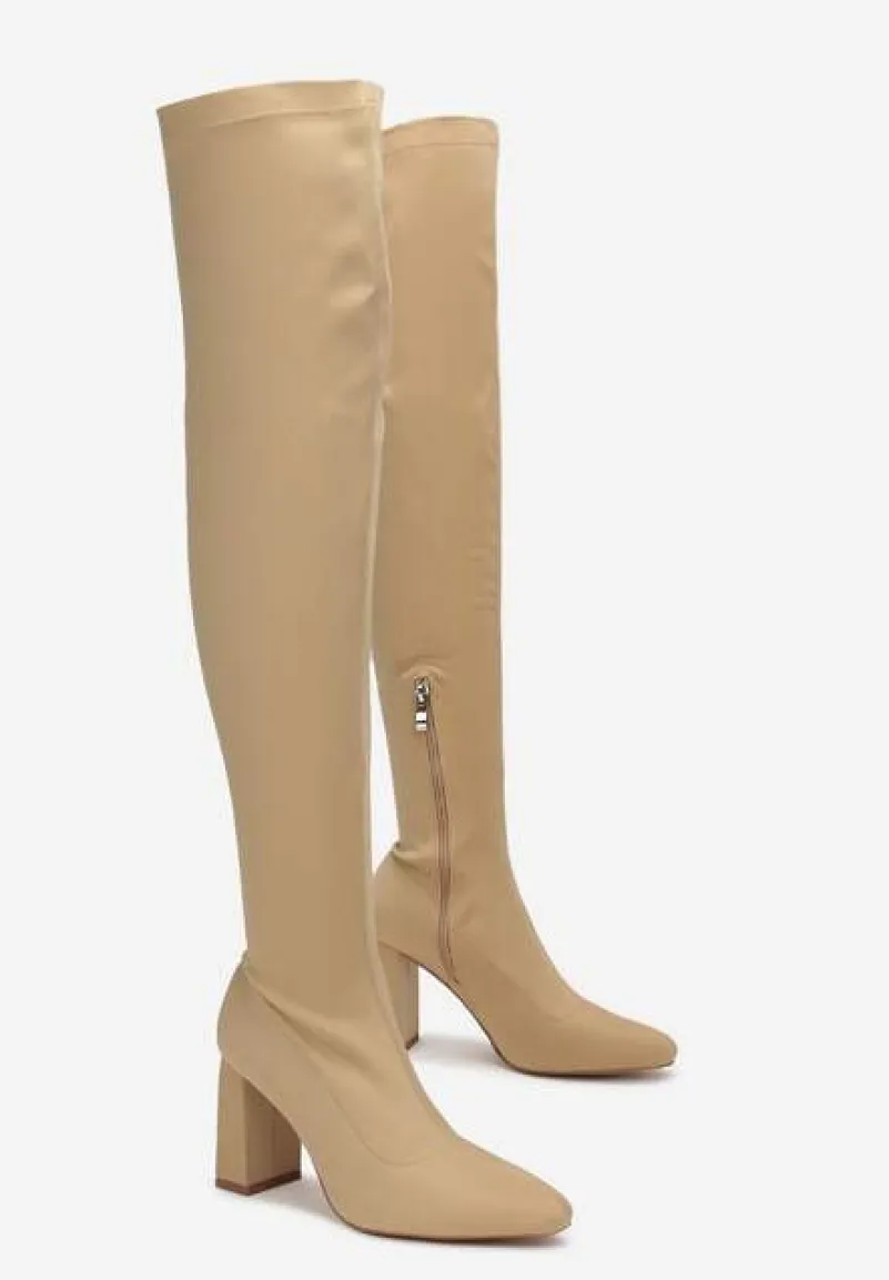 Ciemnobeżowe Dopasowane Kozaki za Kolano na Słupku Grapio