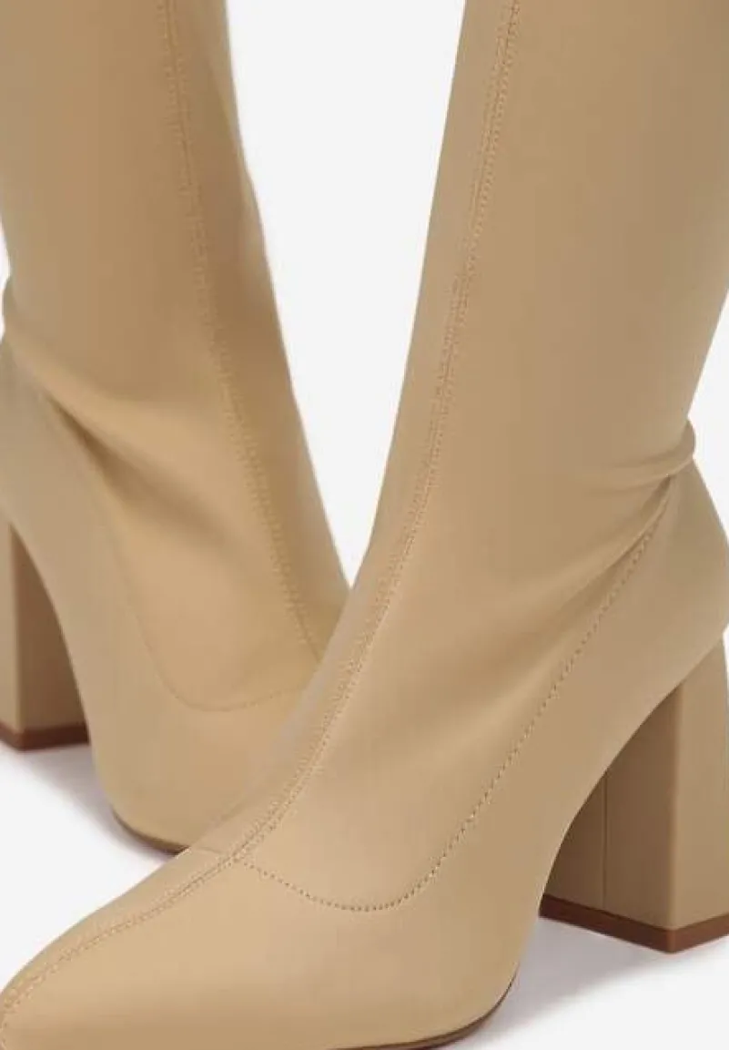 Ciemnobeżowe Dopasowane Kozaki za Kolano na Słupku Grapio