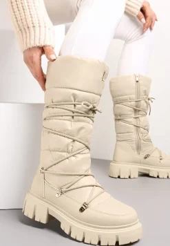 Ciemnobeżowe Długie Śniegowce ze Ściągaczem i Pikowaną Cholewką Cossot