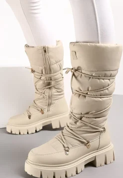 Ciemnobeżowe Długie Śniegowce ze Ściągaczem i Pikowaną Cholewką Cossot