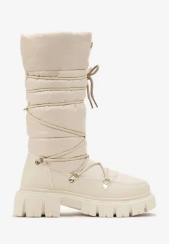 Ciemnobeżowe Długie Śniegowce ze Ściągaczem i Pikowaną Cholewką Cossot