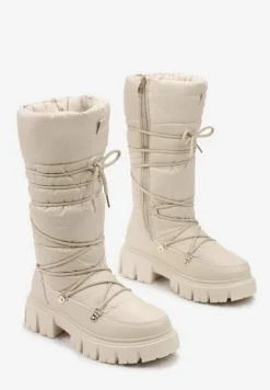 Ciemnobeżowe Długie Śniegowce ze Ściągaczem i Pikowaną Cholewką Cossot