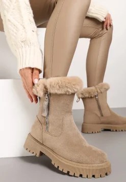 Ciemnobeżowe Ekozamszowe Botki Śniegowce na Grubej Podeszwie z Futrzanymi Wstawkami Elotina
