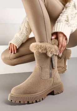 Ciemnobeżowe Ekozamszowe Botki Śniegowce na Grubej Podeszwie z Futrzanymi Wstawkami Elotina