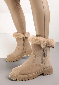 Ciemnobeżowe Ekozamszowe Botki Śniegowce na Grubej Podeszwie z Futrzanymi Wstawkami Elotina