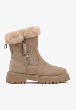 Ciemnobeżowe Ekozamszowe Botki Śniegowce na Grubej Podeszwie z Futrzanymi Wstawkami Elotina