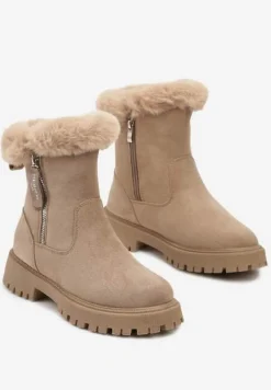Ciemnobeżowe Ekozamszowe Botki Śniegowce na Grubej Podeszwie z Futrzanymi Wstawkami Elotina