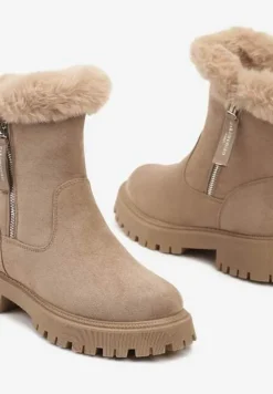 Ciemnobeżowe Ekozamszowe Botki Śniegowce na Grubej Podeszwie z Futrzanymi Wstawkami Elotina