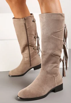 Ciemnobeżowe Ekozamszowe Kozaki z Cholewką Ozdobioną Frędzlami Realenna