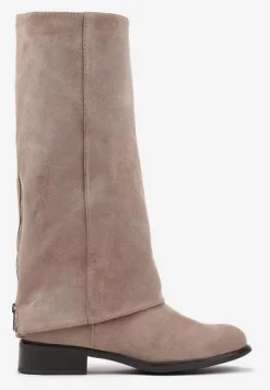 Ciemnobeżowe Ekozamszowe Kozaki na Płaskiej Podeszwie z Cholewką Imitującą Nogawkę Realeira