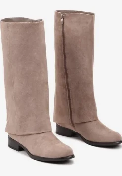 Ciemnobeżowe Ekozamszowe Kozaki na Płaskiej Podeszwie z Cholewką Imitującą Nogawkę Realeira