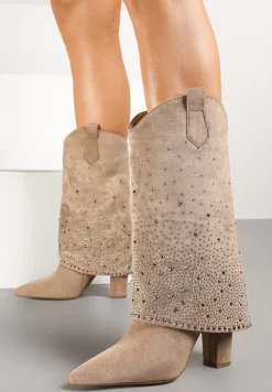 Ciemnobeżowe Ekozamszowe Kozaki na Słupku z Cholewką Imitującą Nogawkę Zdobioną Cyrkoniami Ravanelora