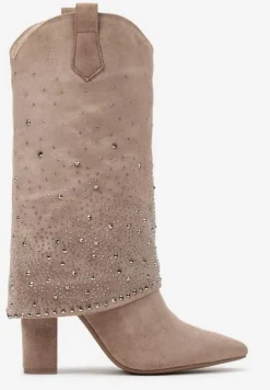 Ciemnobeżowe Ekozamszowe Kozaki na Słupku z Cholewką Imitującą Nogawkę Zdobioną Cyrkoniami Ravanelora