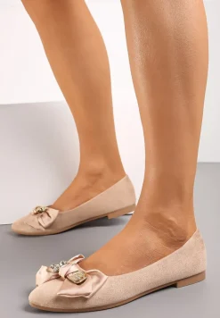Ciemnobeżowe Eleganckie Balerinki z Kokardką i Metaliczną Klamrą Kleveni