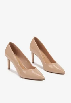 Ciemnobeżowe Eleganckie Czółenka na Szpilce z Wkładką ze Skóry Naturalnej Lerianna