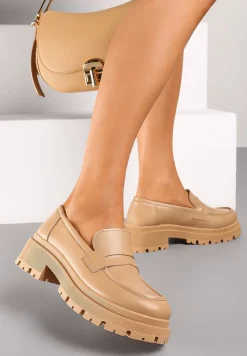 Ciemnobeżowe Eleganckie Mokasyny na Grubej Podeszwie z Tłoczeniami Naiveen