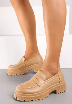 Ciemnobeżowe Eleganckie Mokasyny na Grubej Podeszwie z Tłoczeniami Naiveen