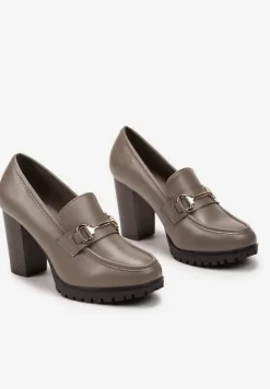 Ciemnobeżowe Eleganckie Półbuty na Obcasie z Platformą Ozdobione Klamrą Paivessa