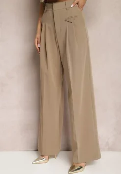 Ciemnobeżowe Eleganckie Spodnie Garniturowe z Wysokim Stanem Lainiva
