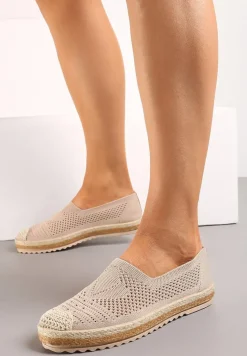 Ciemnobeżowe Espadryle na Plecionej Podeszwie z Ażurową Cholewką Uraian