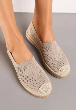 Ciemnobeżowe Espadryle na Plecionej Podeszwie z Ażurową Cholewką Uraian