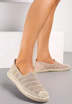 Ciemnobeżowe Espadryle na Płaskiej Podeszwie z Plecionki i Ozdobnymi Przeszyciami Tarniesa