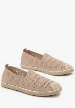Ciemnobeżowe Espadryle na Płaskiej Podeszwie z Plecionki i Ozdobnymi Przeszyciami Tarniesa