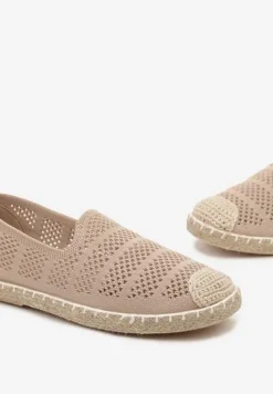 Ciemnobeżowe Espadryle na Płaskiej Podeszwie z Plecionki i Ozdobnymi Przeszyciami Tarniesa