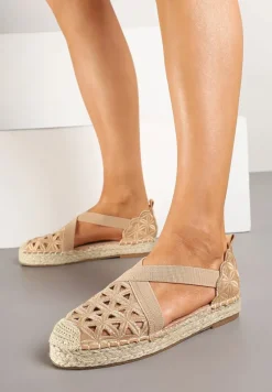 Ciemnobeżowe Espadryle na Plecionej Podeszwie z Ażurowymi Zdobieniami Deothra