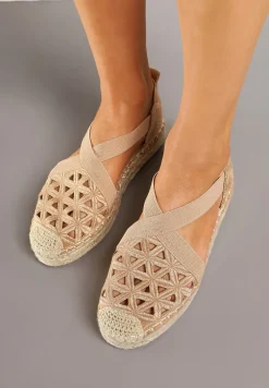 Ciemnobeżowe Espadryle na Plecionej Podeszwie z Ażurowymi Zdobieniami Deothra