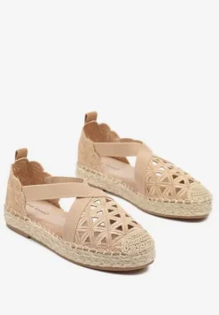 Ciemnobeżowe Espadryle na Plecionej Podeszwie z Ażurowymi Zdobieniami Deothra