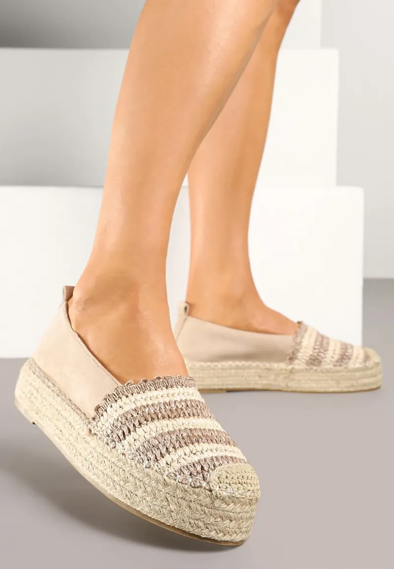 Ciemnobeżowe Espadryle na Platformie Ozdobione Plecionką w Stylu Boho Lelisse