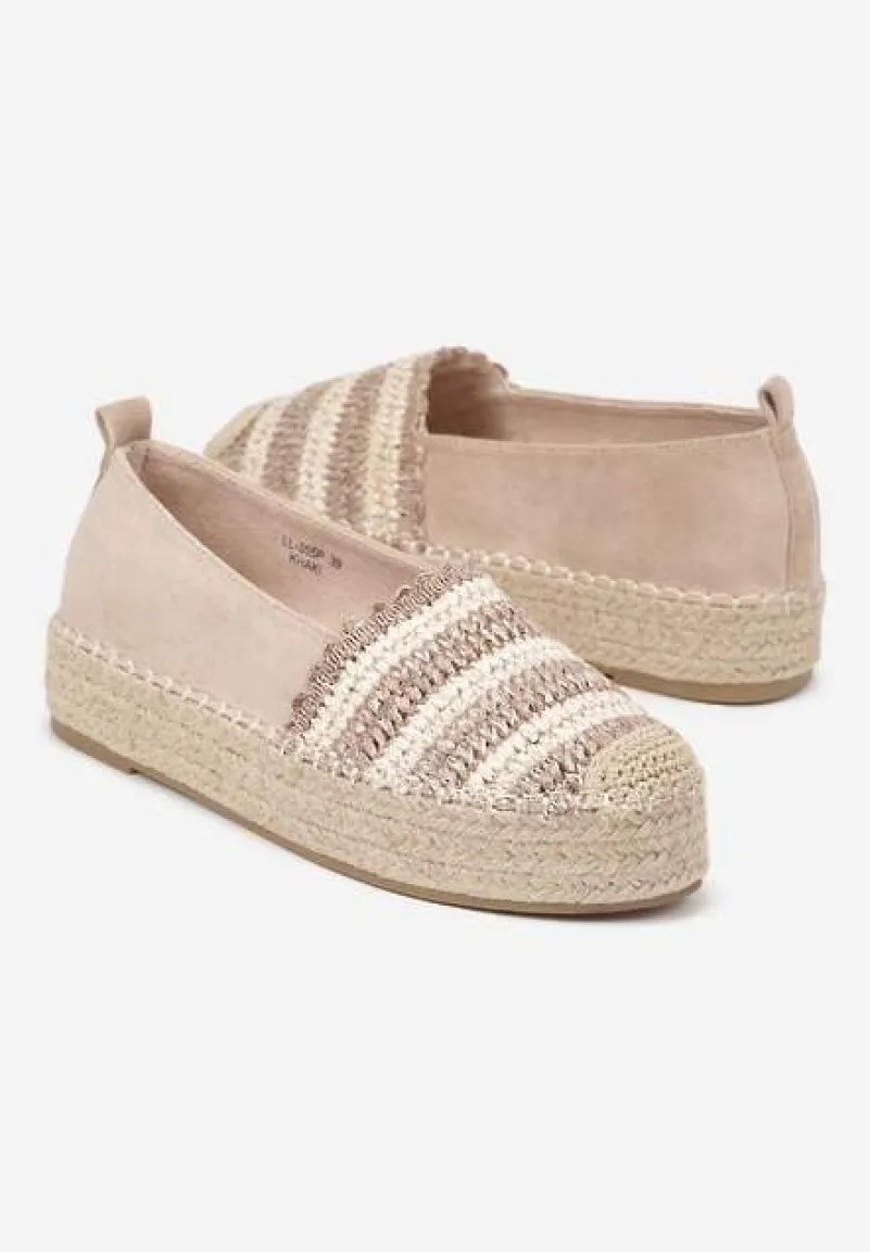 Ciemnobeżowe Espadryle na Platformie Ozdobione Plecionką w Stylu Boho Lelisse