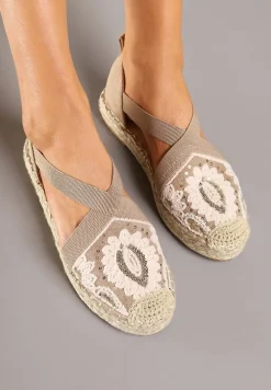 Ciemnobeżowe Espadryle w Stylu Boho Zdobione Haftem Cekinami i Plecionką Idariva