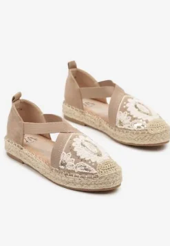 Ciemnobeżowe Espadryle w Stylu Boho Zdobione Haftem Cekinami i Plecionką Idariva