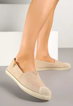 Ciemnobeżowe Espadryle z Elastyczną Wstawką Zdobione Plecionką Kinellis