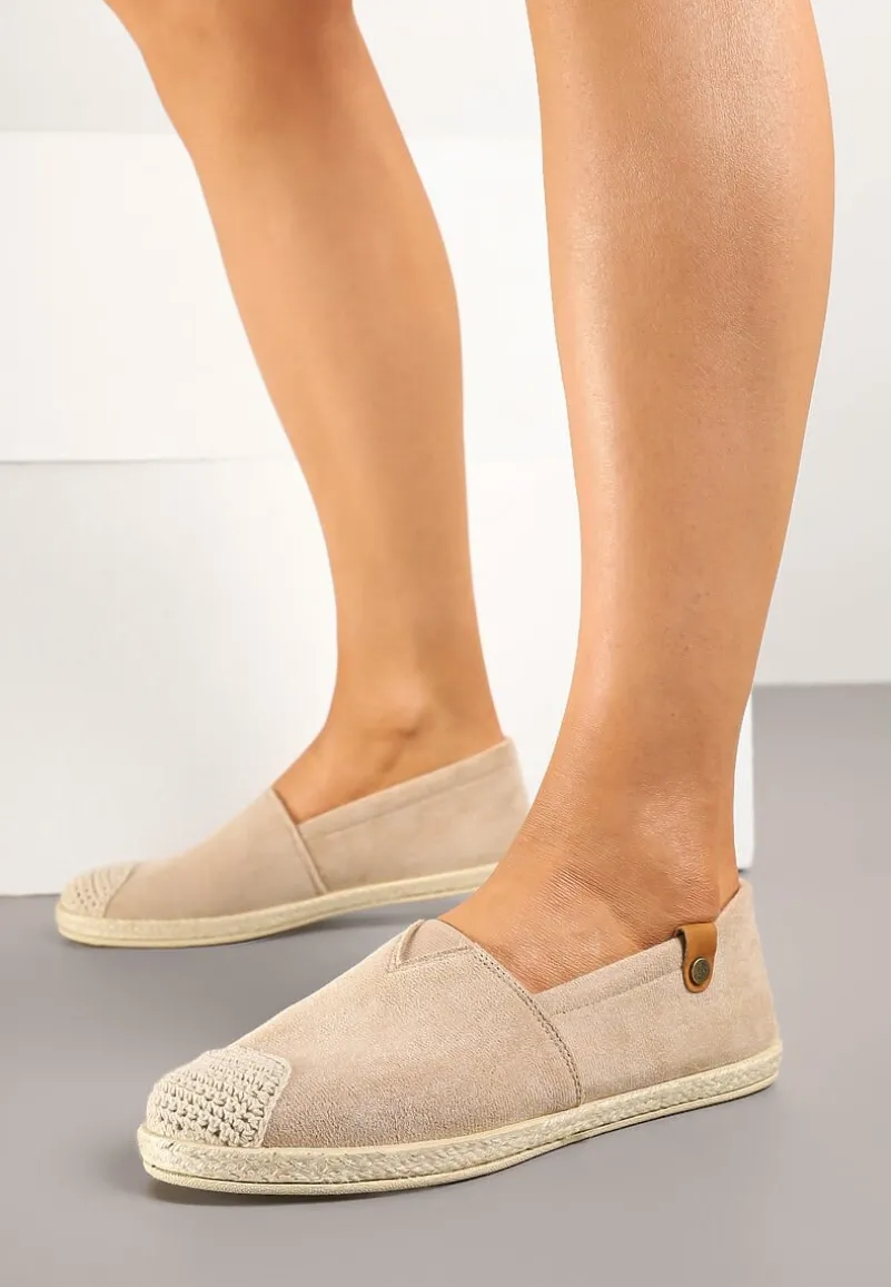 Ciemnobeżowe Espadryle z Elastyczną Wstawką Zdobione Plecionką Kinellis