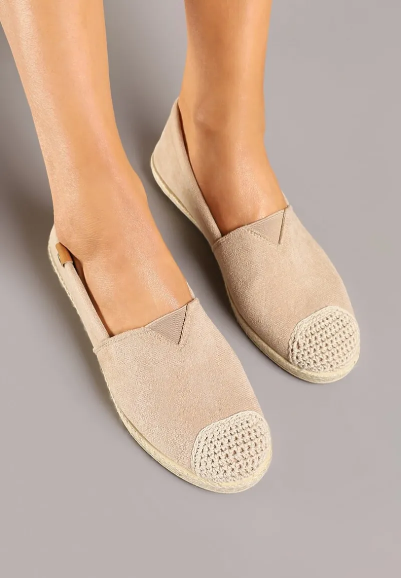 Ciemnobeżowe Espadryle z Elastyczną Wstawką Zdobione Plecionką Kinellis